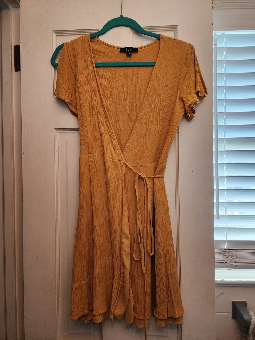 Lulu's Harbor Point Mustard Yellow Flutter-Sleeve Mini Wrap Dress